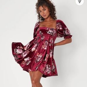 Adorably darling burgundy velvet floral print babydoll dress